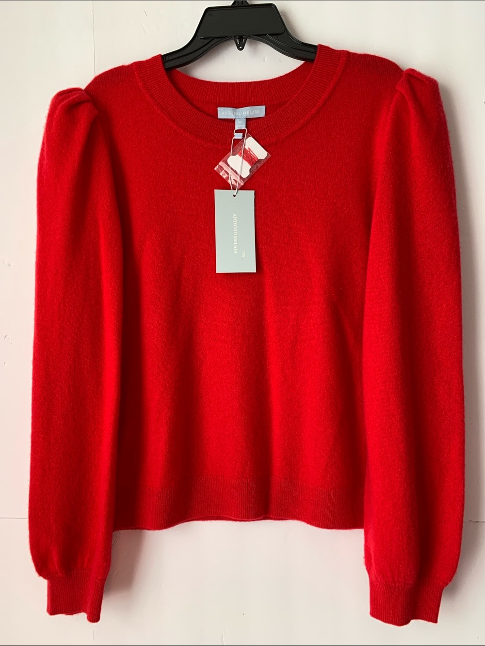 NWT Antonio Milani Cashmere Scarlet/Red Lisa Puff-Sleeve Crewneck Sweater Size M